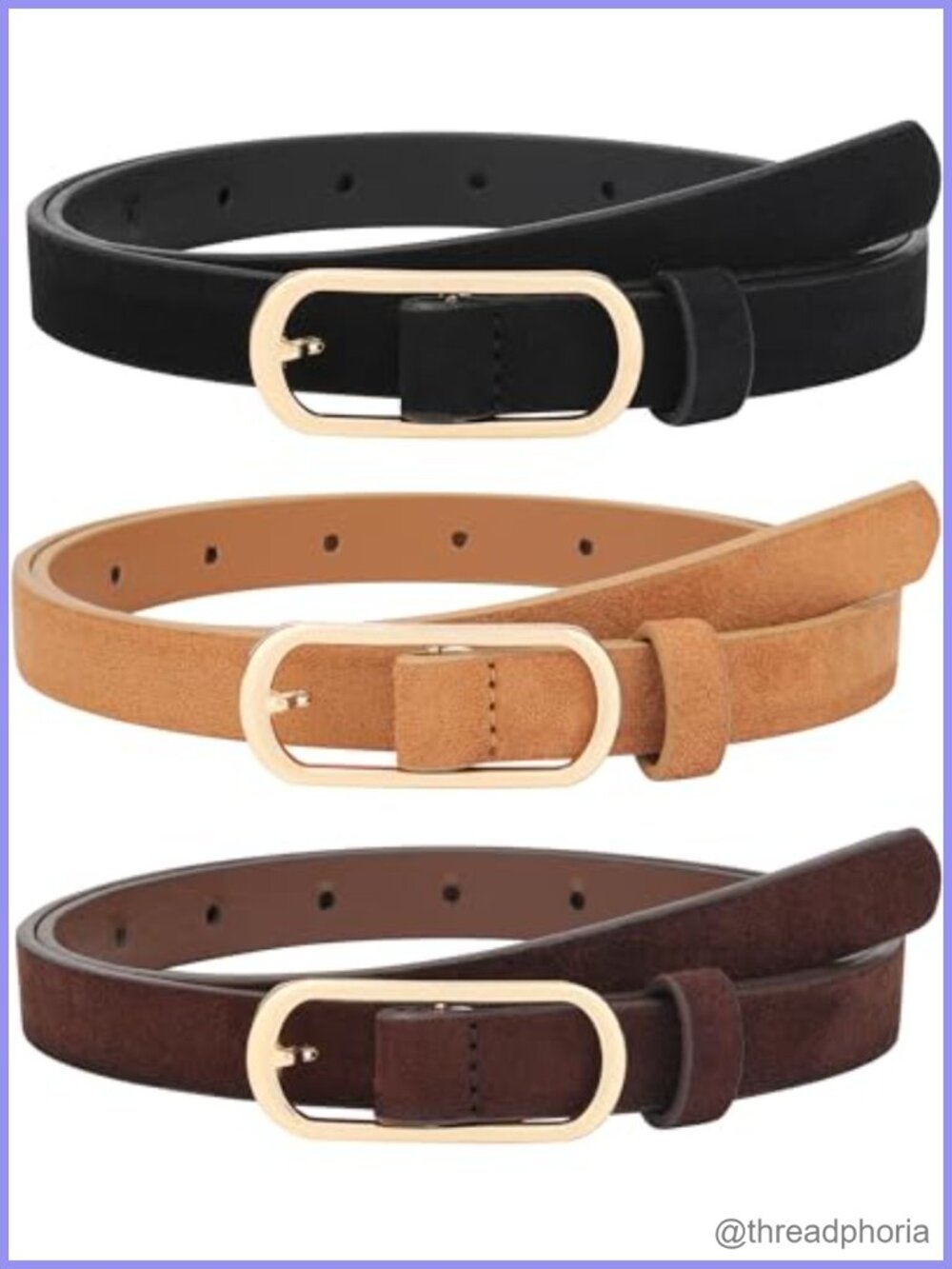 3 Pack Faux Suede Skinny Belts Thin Waist Belt Gold Oval Buckle